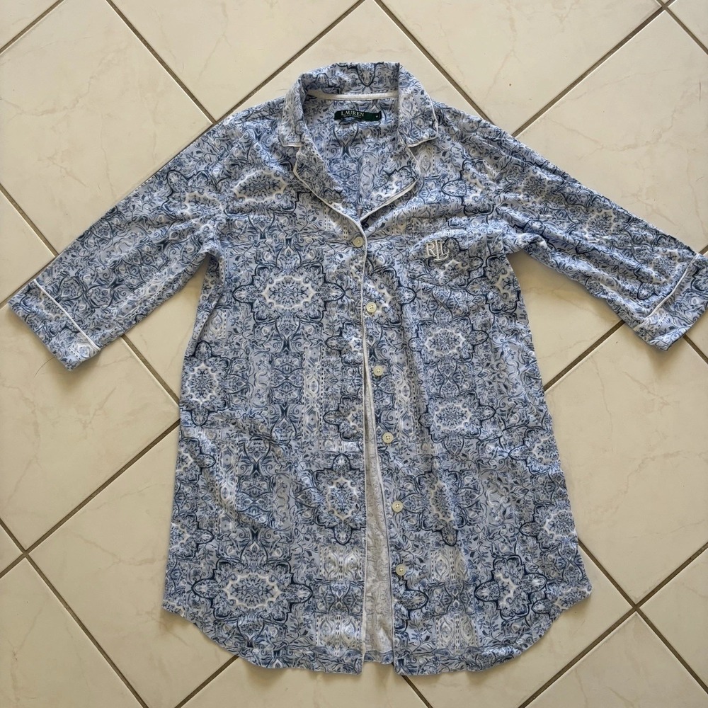 Lauren Ralph Lauren Women's Blue Paisley Sleep Shirt Long Sleeve Women's Size M